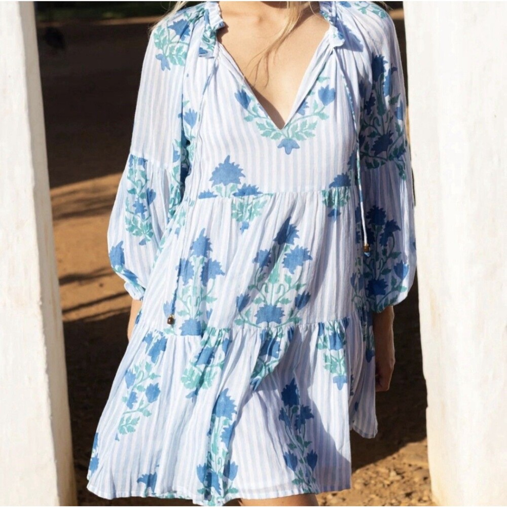 Oliphant Jaipur Dress Womens Size M Blue Striped Floral Babydoll Tiered Short